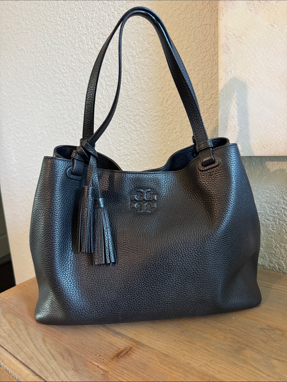 Tory Burch Black Pebbled Leather Shoulder Bag with Tassel